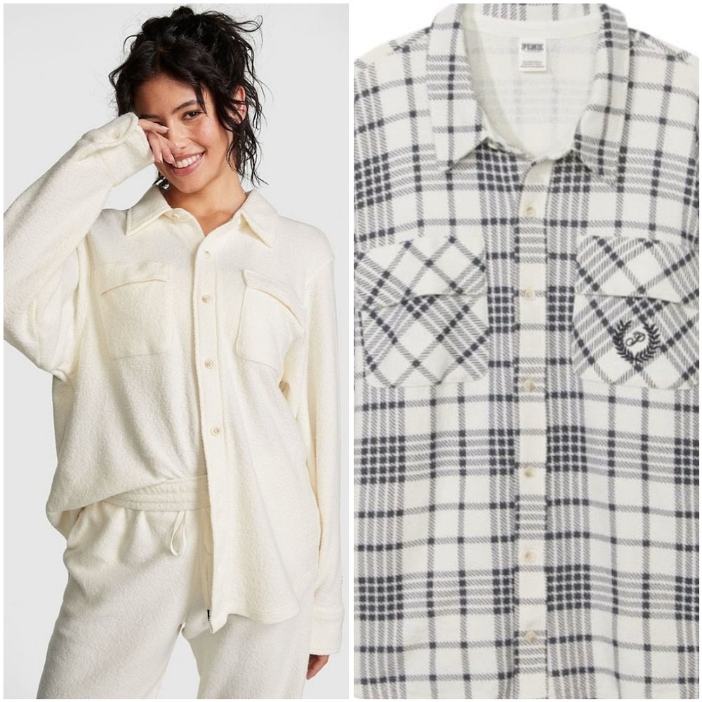 NWT PINK Victoria Secret White Black Plaid Oversized Fleece Shacket Shirt XS
